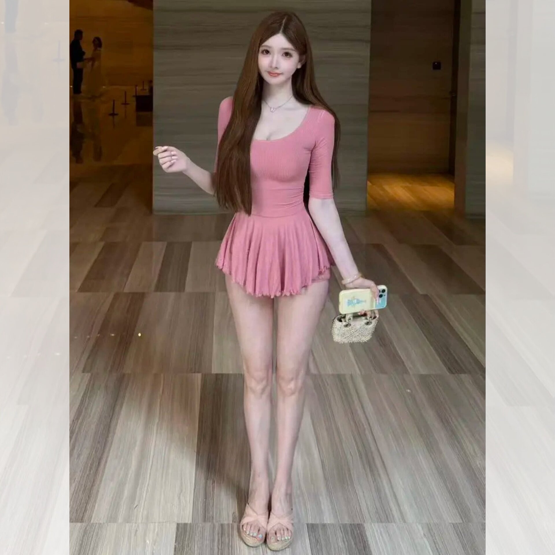 设计感大U领连衣裙中袖收腰显瘦纯欲风辣妹修身显身材通勤休闲