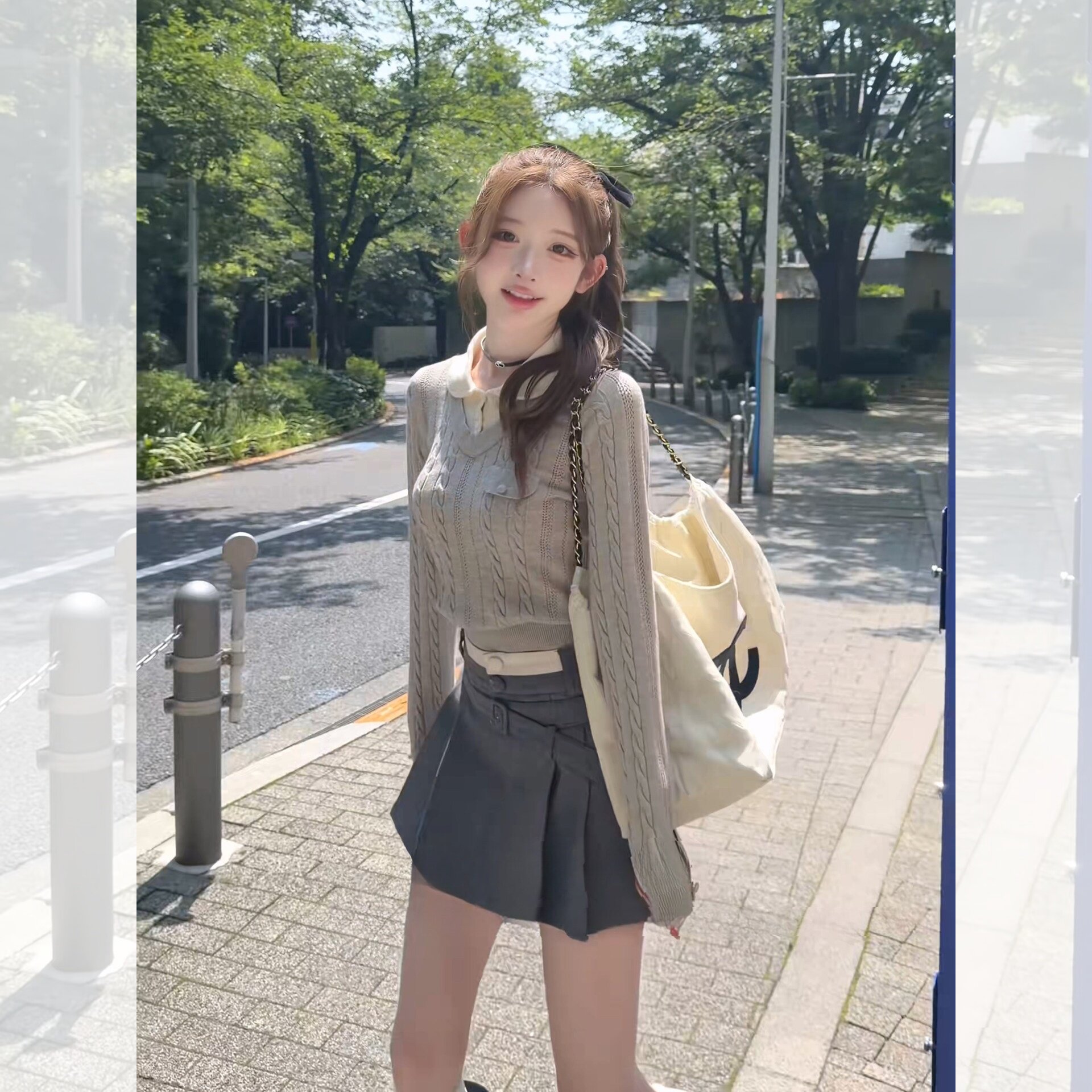 甜美风格气质两件套修身版型减龄设计学院风简约优雅显瘦上身效果
