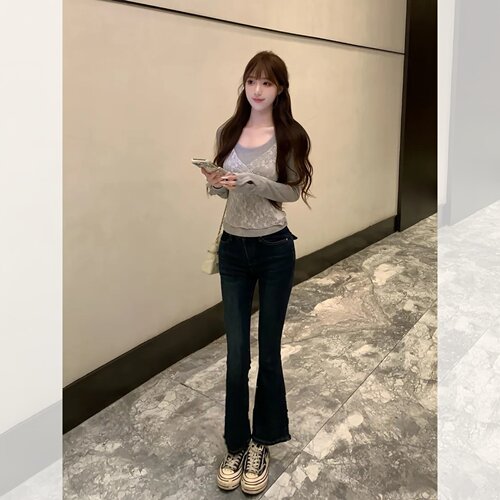 美式复古低腰V腰微喇牛仔裤女