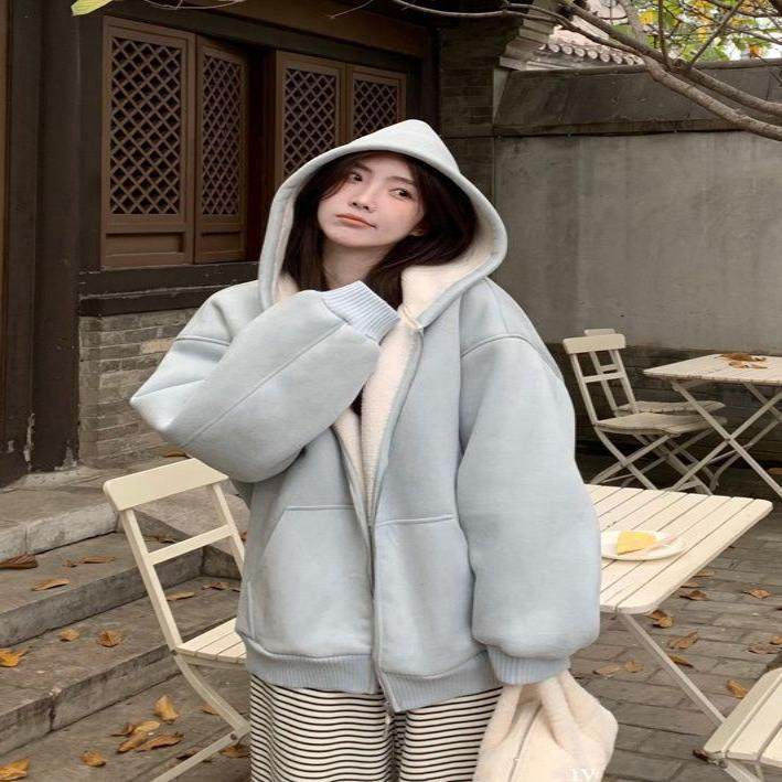 皮毛一体羊羔毛外套女冬季新款淡蓝色鹿皮绒棉衣加厚夹克棉服