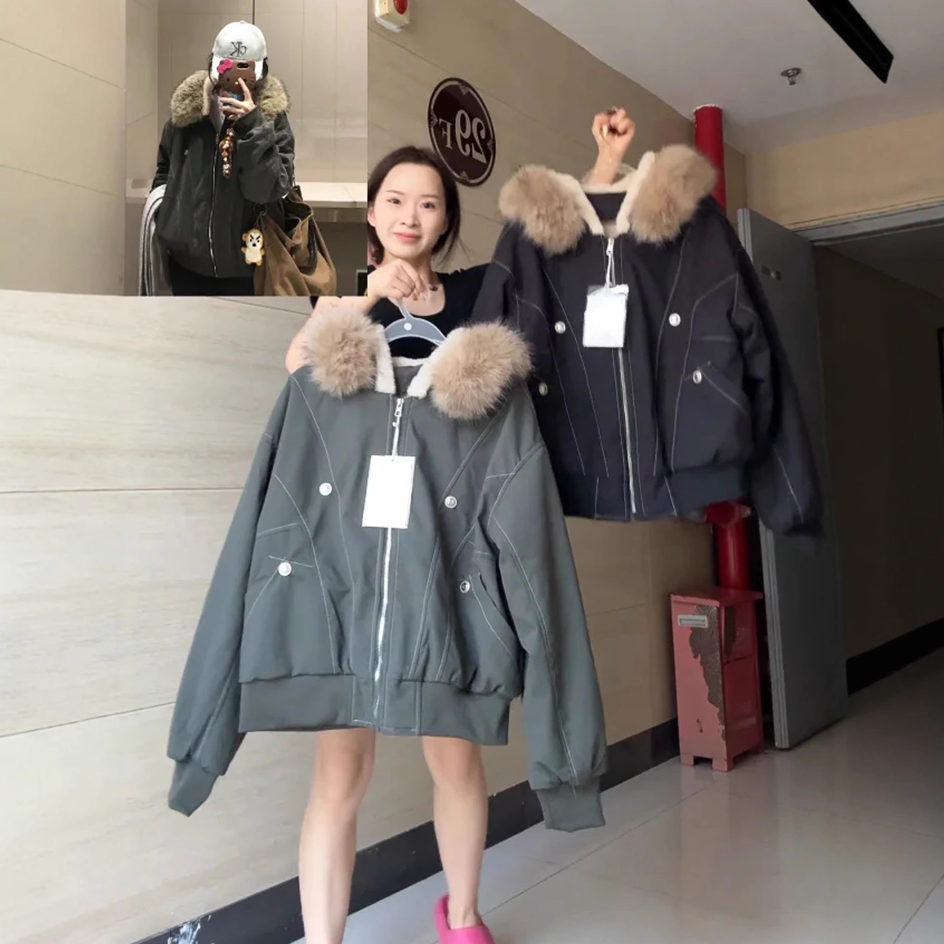 座山雕毛领连帽外套加绒加厚派克服独特漂亮小个子夹克高级感棉服