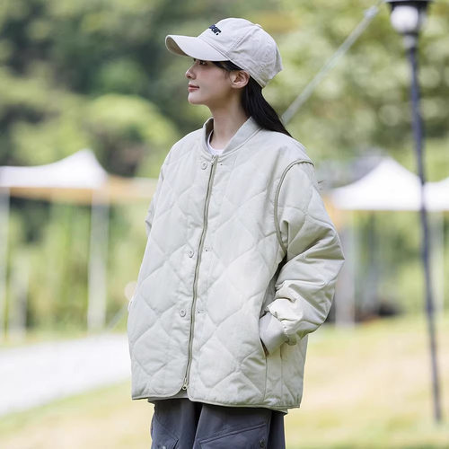 冬季简约棉服薄款棉衣宽松日系复古菱形格羽绒棉服棉袄外套潮蓝色