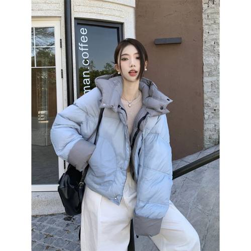面包服两面穿撞色保暖羽绒服女短款韩版宽松大码新款冬季外套灰色