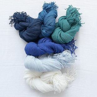 夏季窄版长条小尺寸水洗亚麻纯麻围巾装饰纯色流苏褶皱丝巾学生女