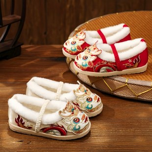 汉服鞋子女童冬季加绒新款儿童拜年鞋红色国风绣花鞋龙头古装棉鞋