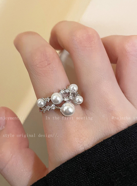 流星珍珠锆石开口戒指女冷淡风气质食指戒小众设计轻奢高级感指环
