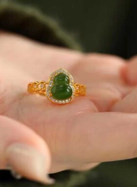 新中式花丝和田碧玉葫芦戒指女国风小众设计轻奢百搭高级感食指戒