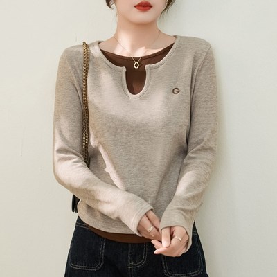 假两件磨毛加厚长袖t恤女打底衫2025秋冬新款内搭时尚外穿上衣服