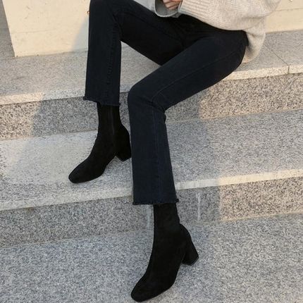 黑色九分牛仔裤女士秋冬r小个子显高微喇叭修身加绒高腰直筒烟管