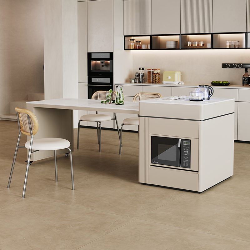 奶油风高级岩板岛台餐桌一体可伸缩厨房家用多功能带微波炉岛台桌