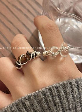 法式时尚质感天然原石串珠戒指个性缠绕水晶虎眼石开口百搭指环女