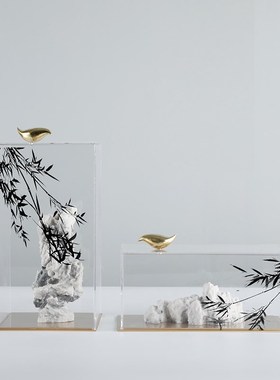 新中式创意假山竹叶石摆件客厅书柜亚克力样板房软装在林间柜饰品