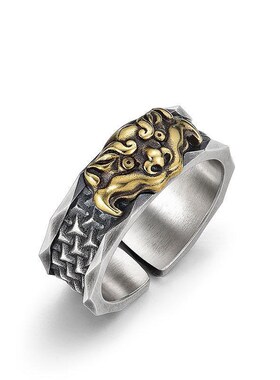 925银吞金兽戒指男款简约复古霸气小众设计高级感开口可调节指环