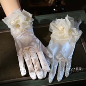 新款 复古港风婚纱旅拍配饰品 超仙手工香槟色纱花缎面手套新娘法式