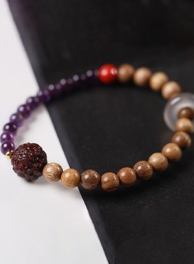 【壮的响亮】天圆貔貅 金丝楠木/紫水晶朱砂珠手链手串饰品单圈