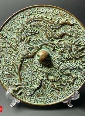 复古纯铜大号青龙凤图案铜镜做旧摆件家居玄关柜客厅装饰品