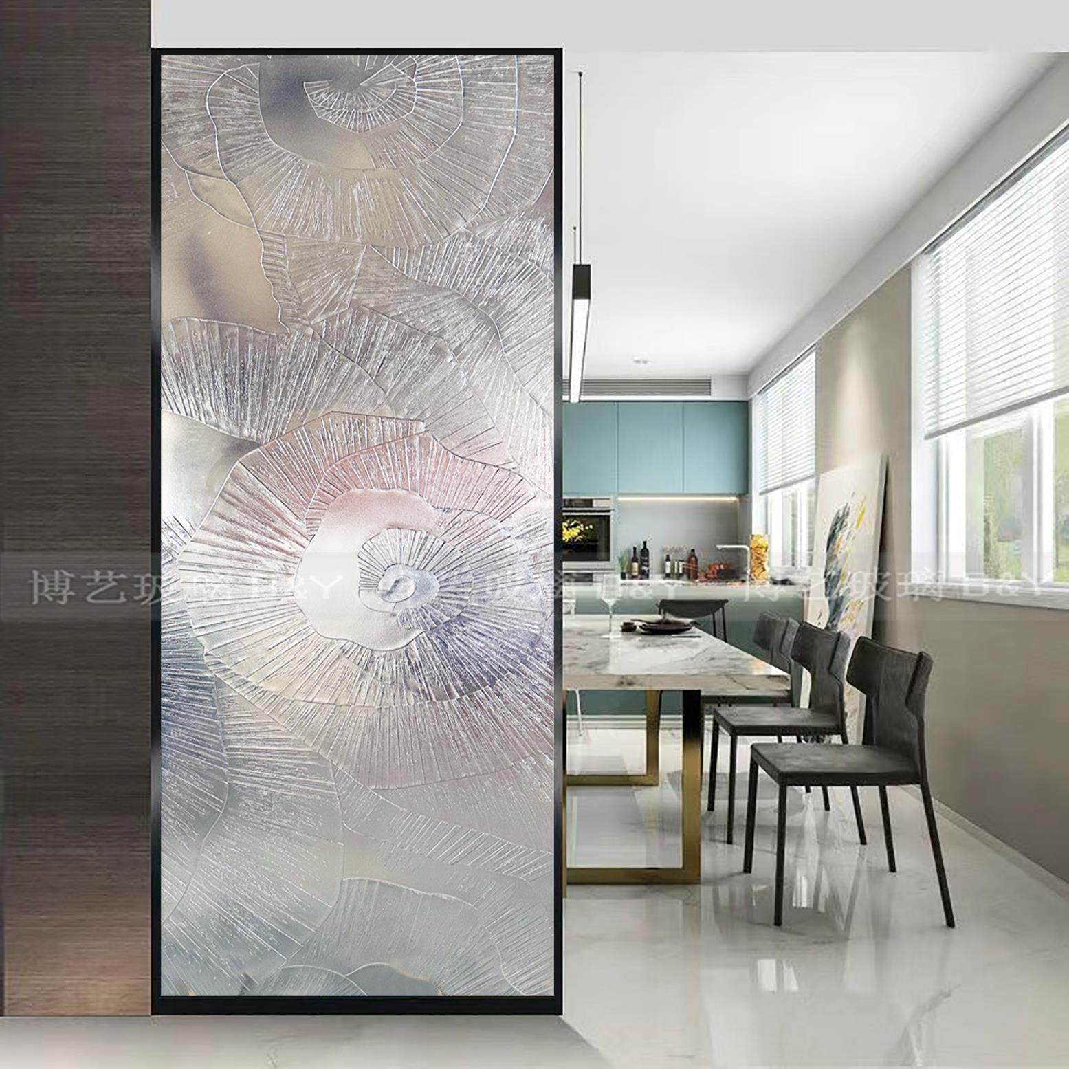 浮雕艺术玻璃定制迪奥玻璃玄关隔断简约时尚透光雕刻客厅入户钢化