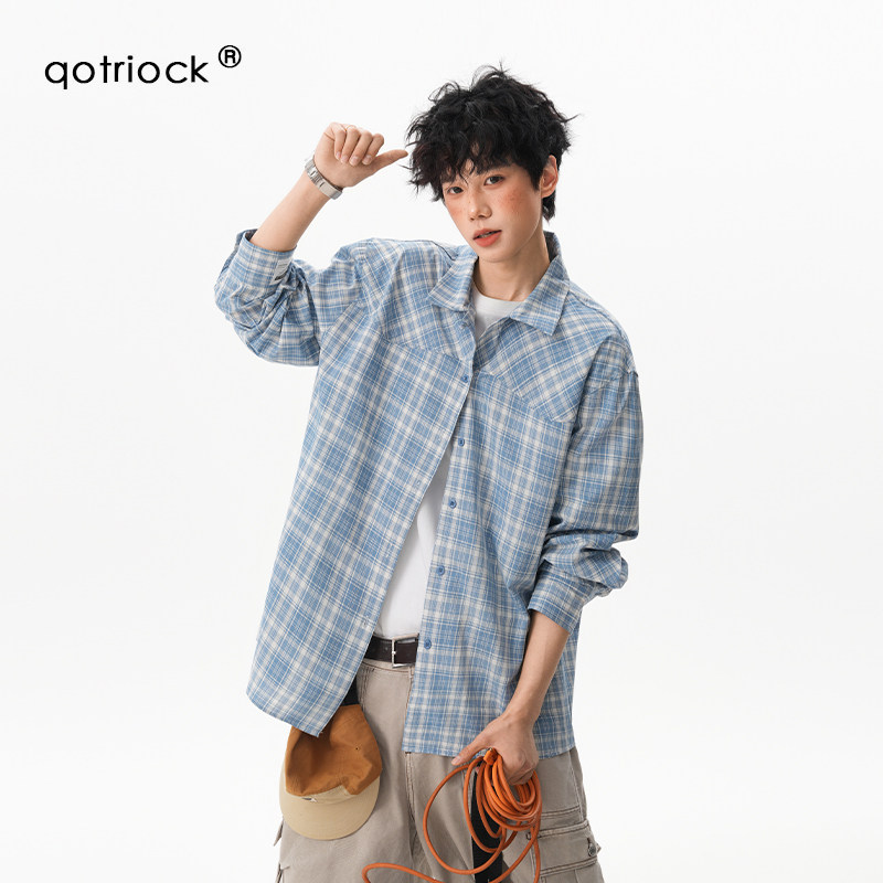 QOTRIOCK古巴领蓝色格纹翻领衬衫图片