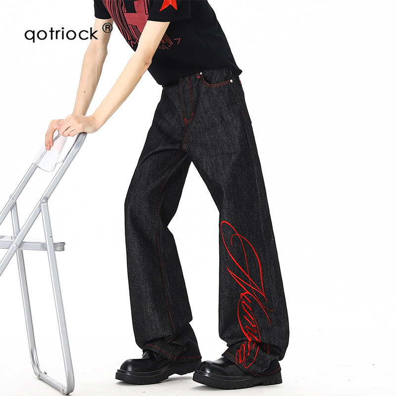 QOTRIOCK花体字母刺绣微喇牛仔裤图片