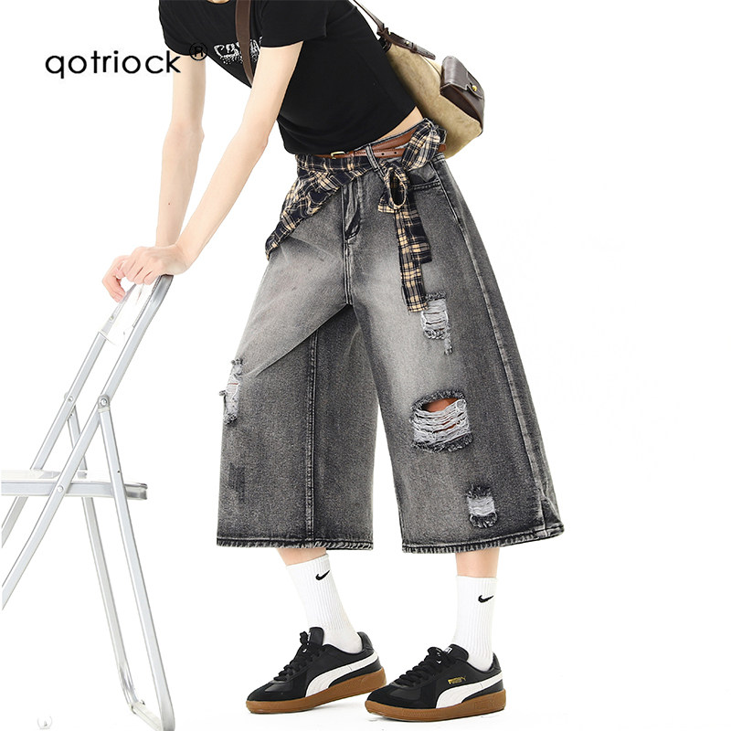 QOTRIOCK美式水洗破洞牛仔七分裤图片