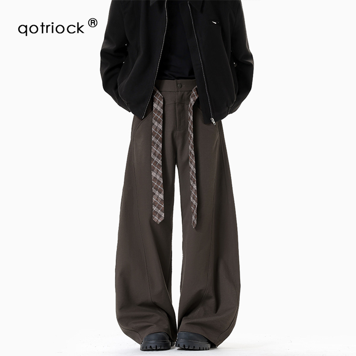 QOTRIOCK老钱风腰带格纹弯刀裤男图片