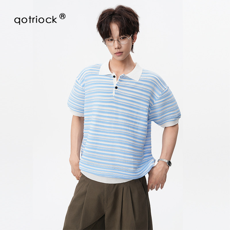 QOTRIOCK蓝白条纹镂空针织T恤男图片