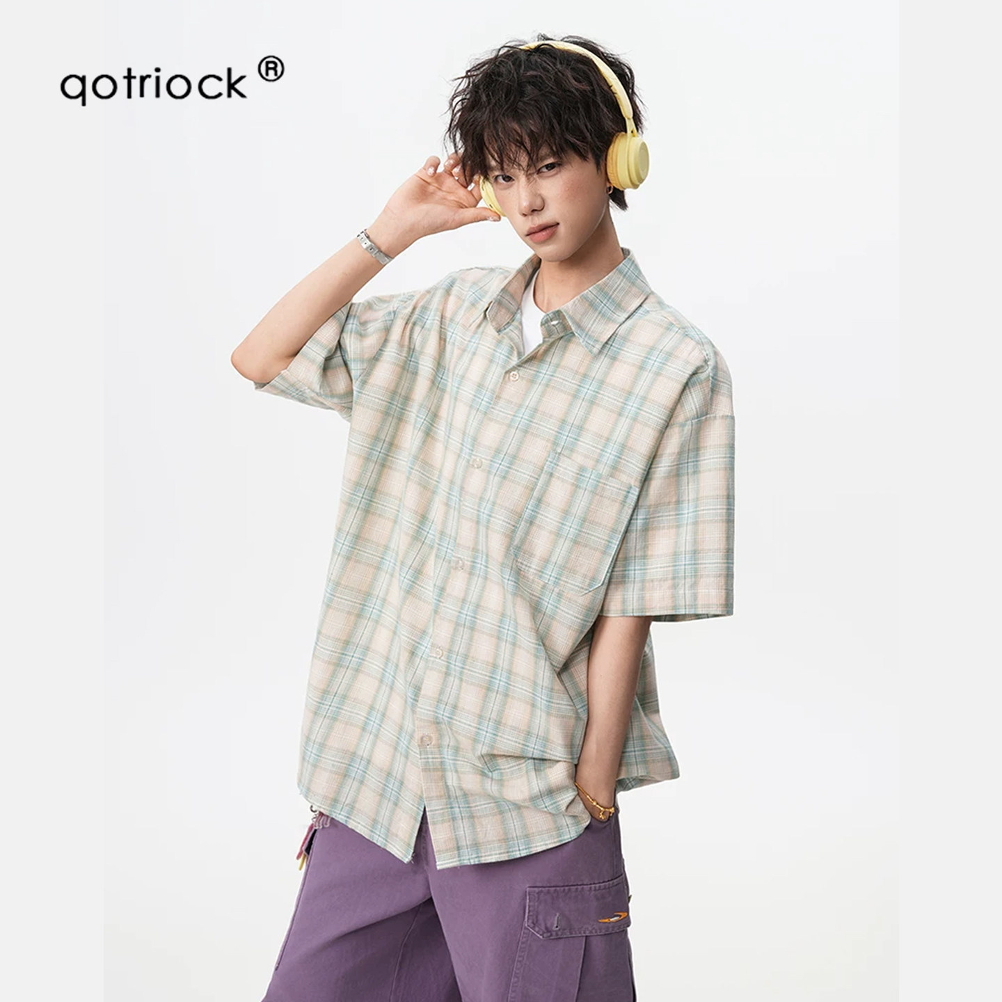QOTRIOCK美式格纹撞色短袖衬衫男图片