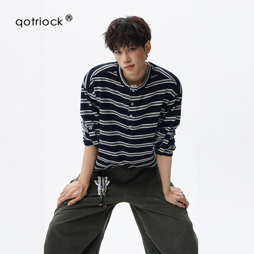 QOTRIOCK黑白条纹亨利领长袖T恤