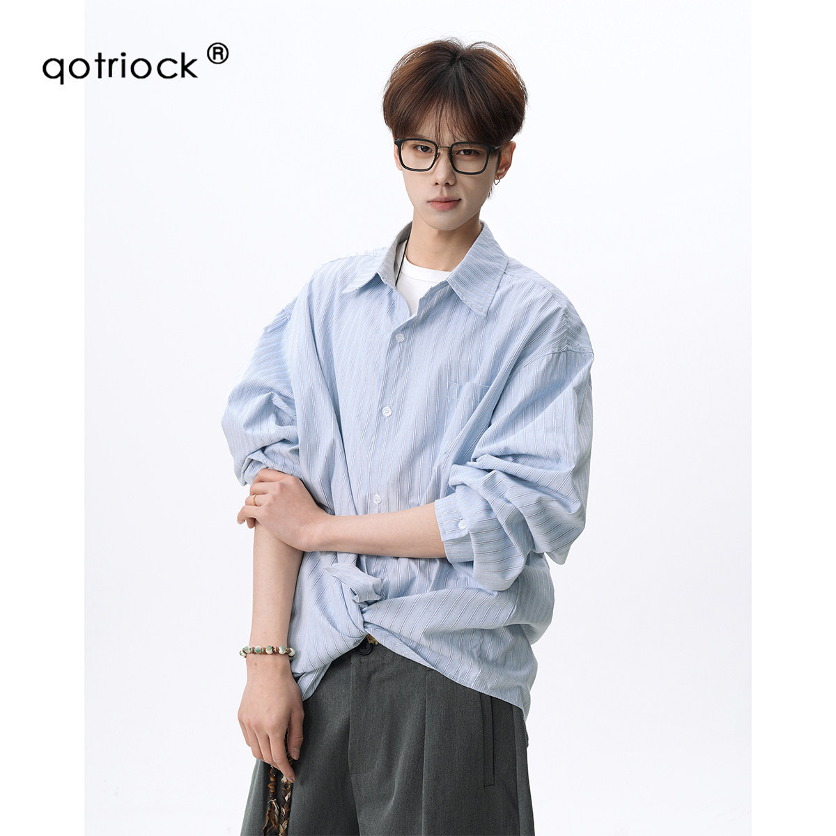 QOTRIOCK韩系海盐蓝条纹长袖衬衫图片