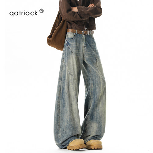QOTRIOCK美式复古竹节纹牛仔裤男