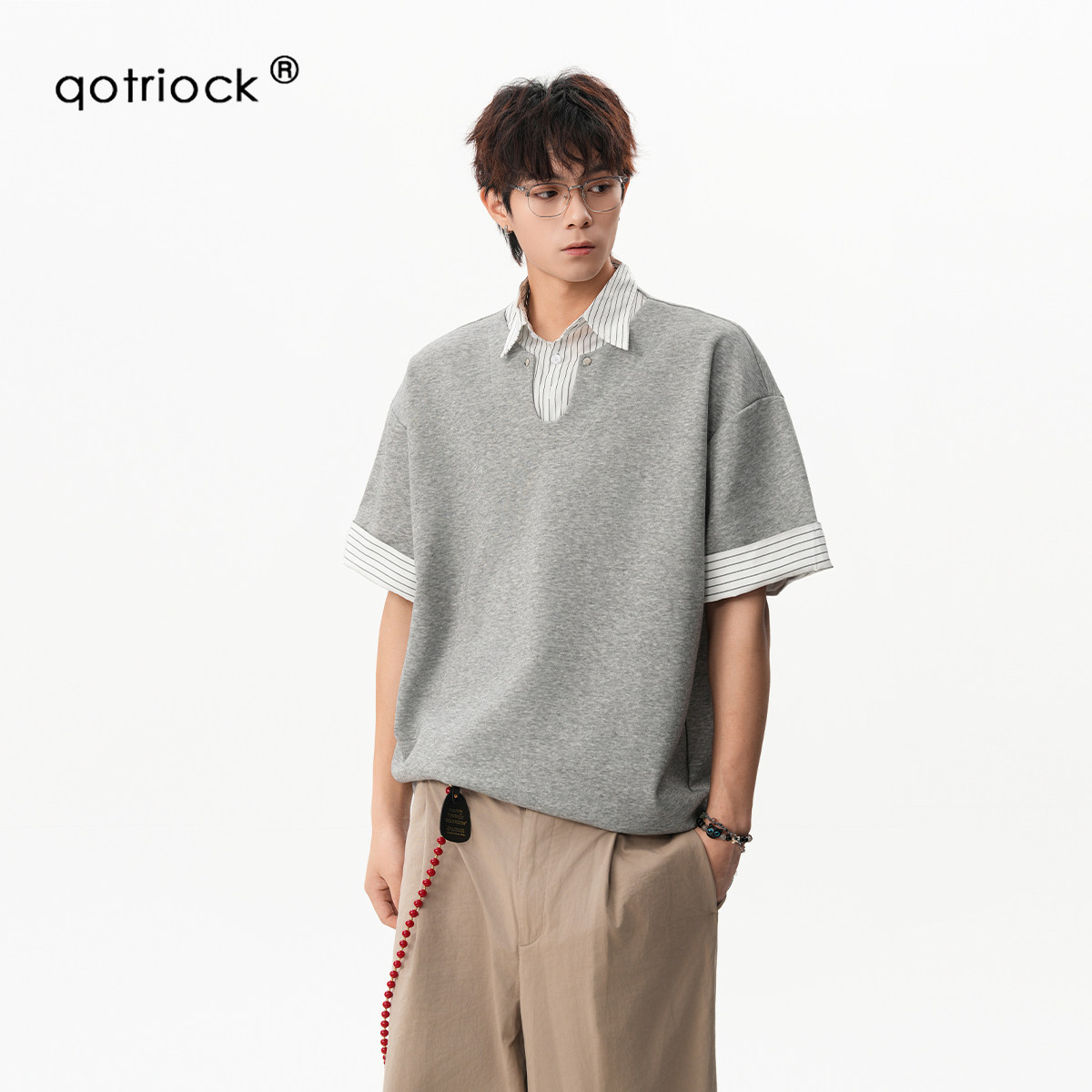 QOTRIOCK假两件条纹撞色Polo短袖图片