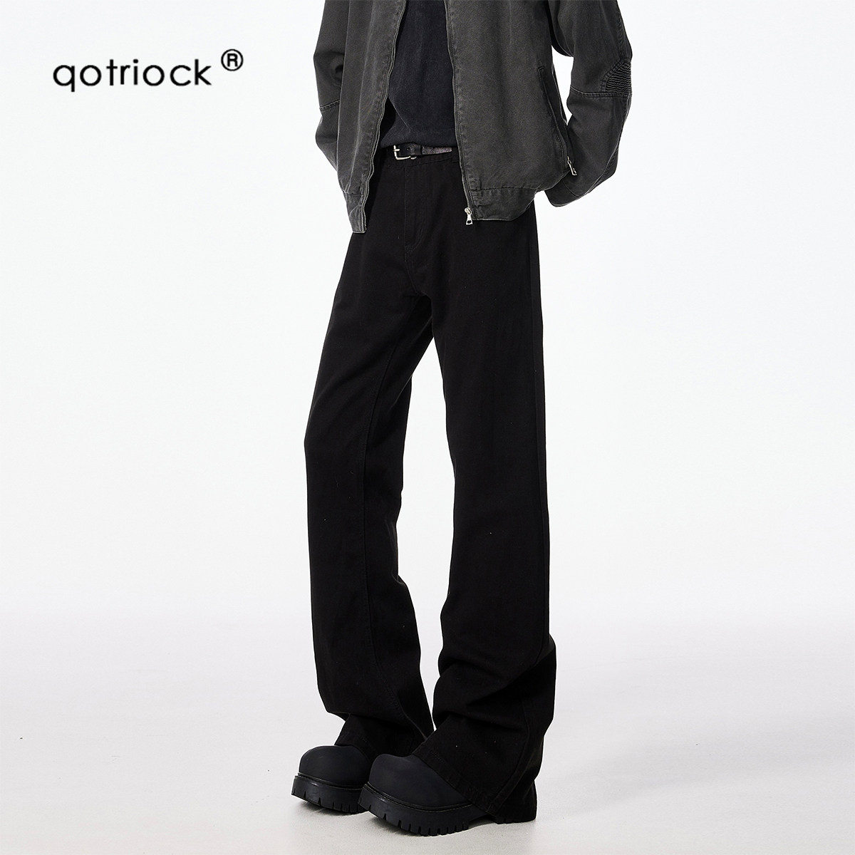 QOTRIOCK美式高街弯刀黑色牛仔裤