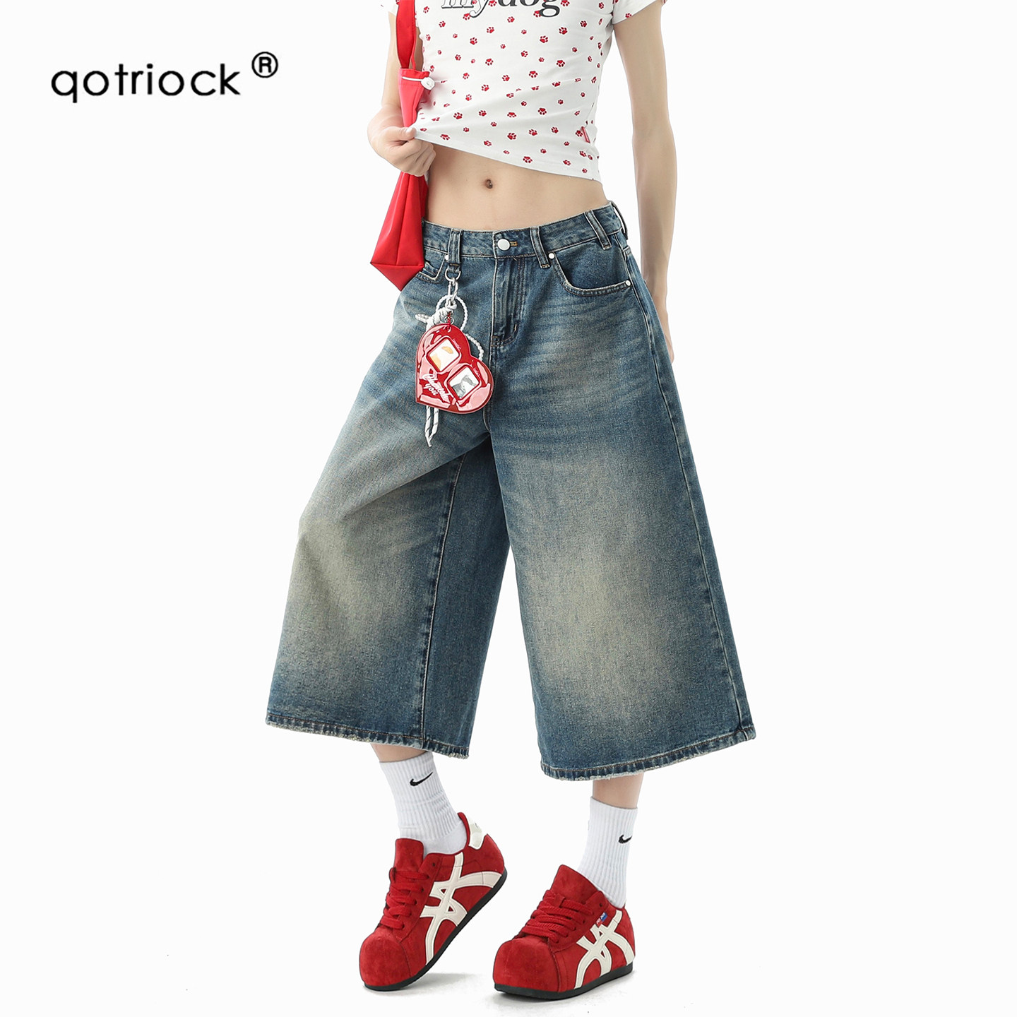 QOTRIOCK复古猫须纹牛仔七分裤男图片