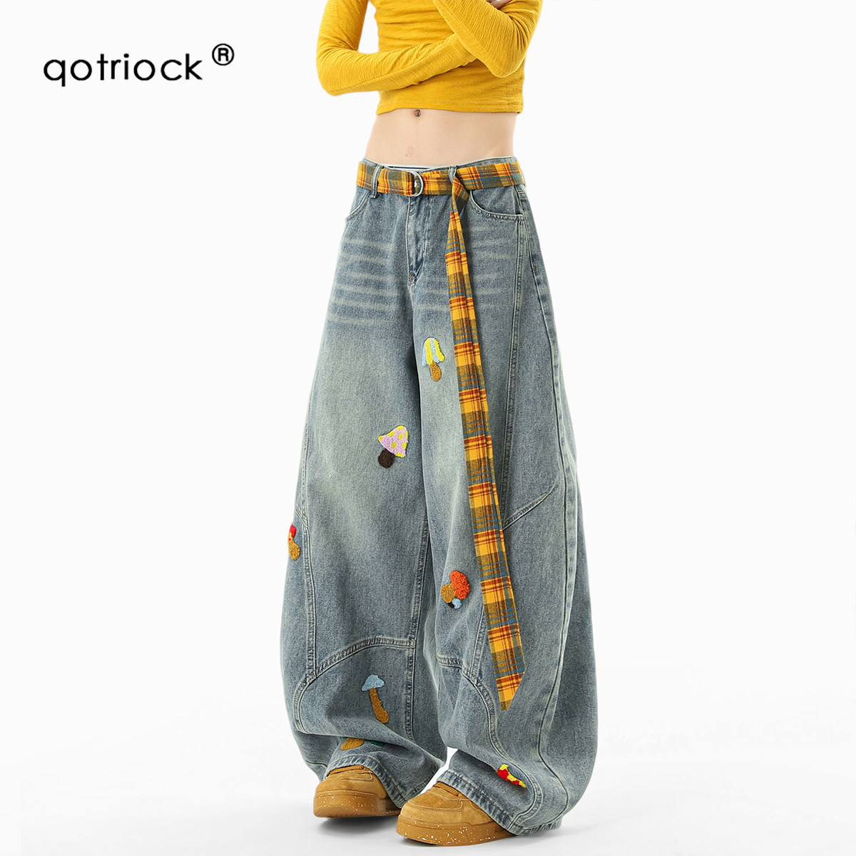 QOTRIOCK美式解构毛巾绣牛仔裤男图片