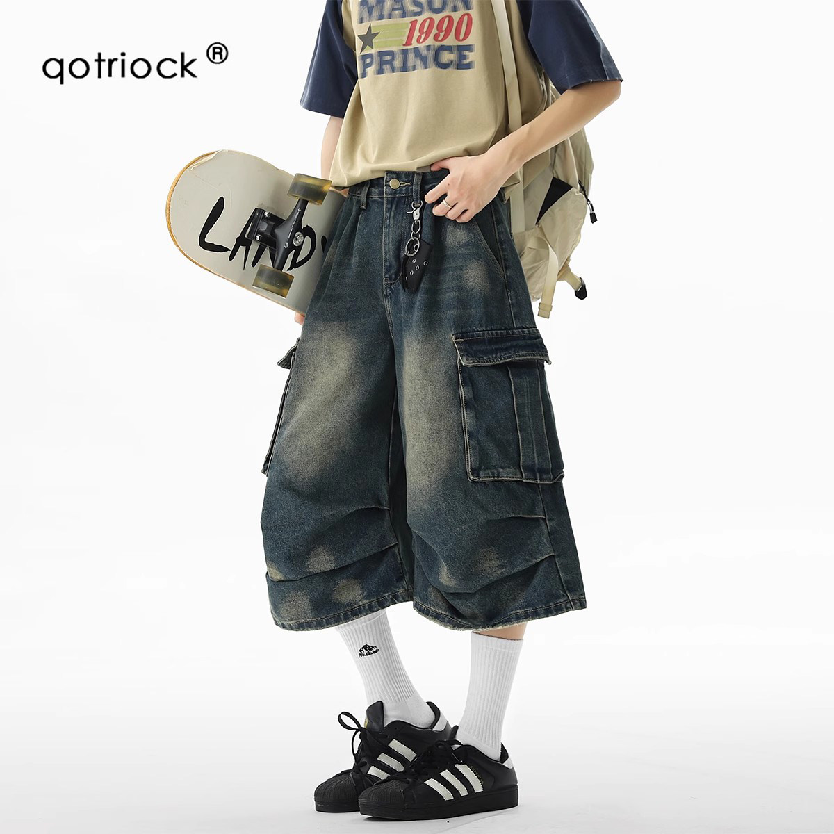 QOTRIOCK美式褶皱工装七分牛仔裤图片