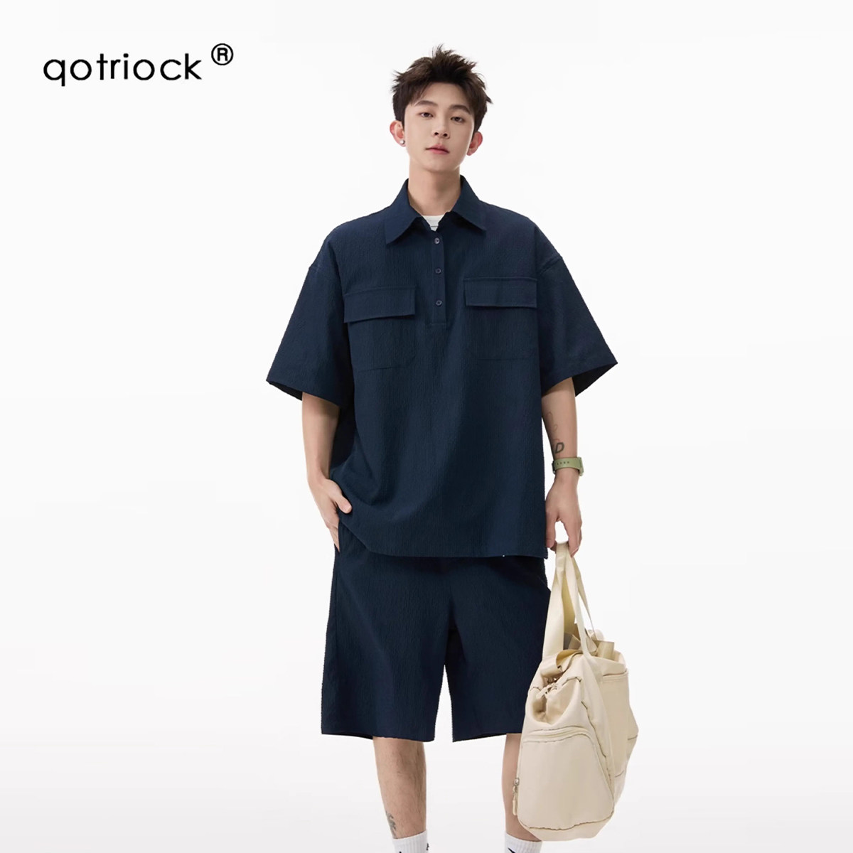泡泡纱工装短袖衬衫套装男夏季休闲运动短裤套装宽松速干polo外套