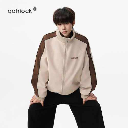 QOTRIOCK美式撞色拼接PU皮夹克男