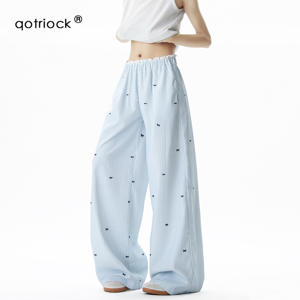 QOTRIOCK蝴蝶结印花条纹休闲裤男图片