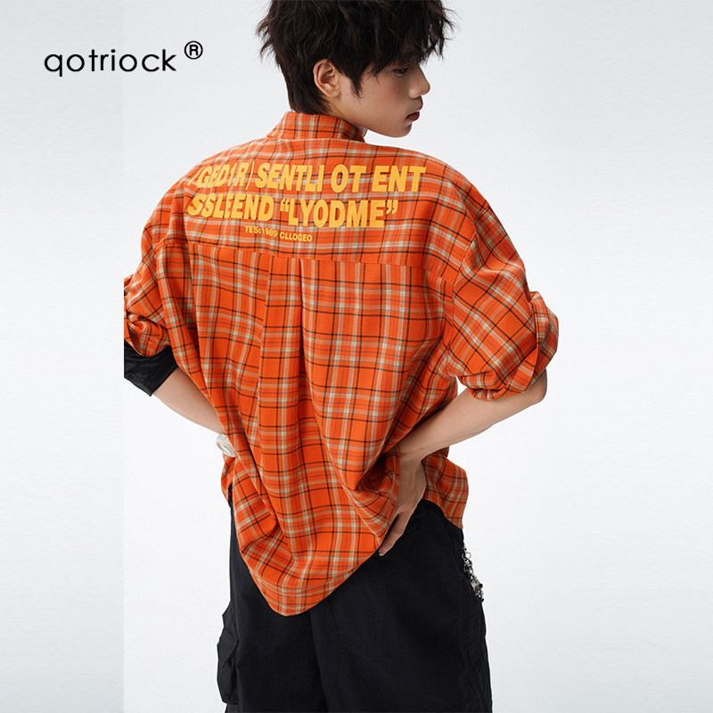 QOTRIOCK美式橙色格纹衬衫短袖男图片