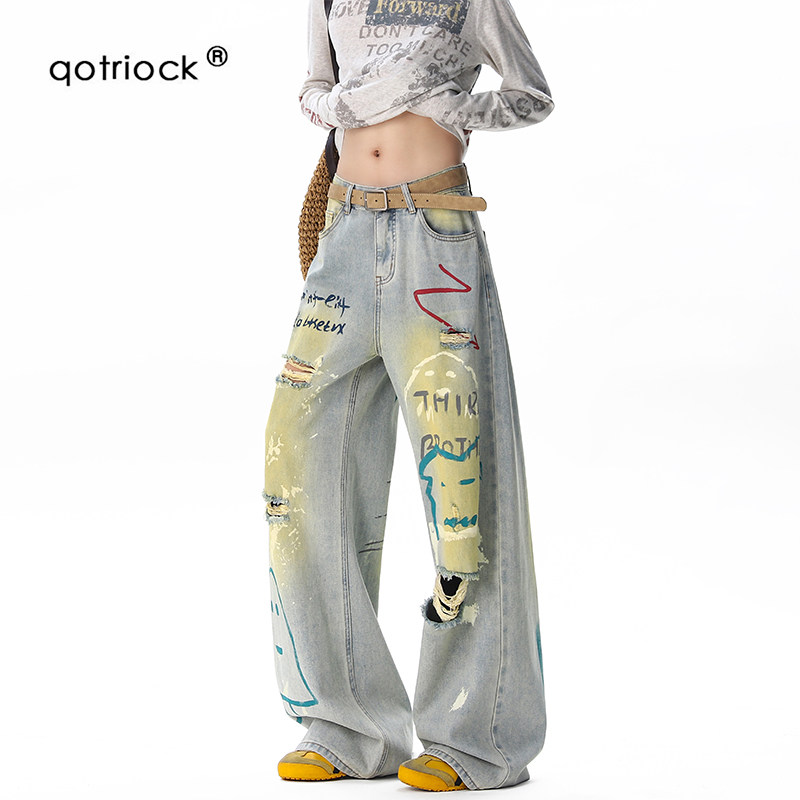 QOTRIOCK复古涂鸦破洞做旧牛仔裤图片