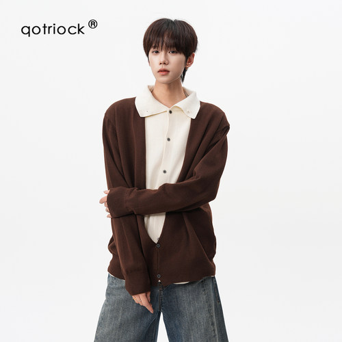 QOTRIOCK老钱风假两件高领毛衣男