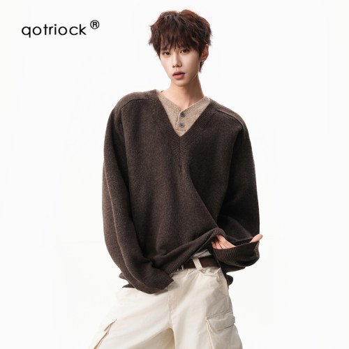 QOTRIOCK复古假两件V领拼接毛衣