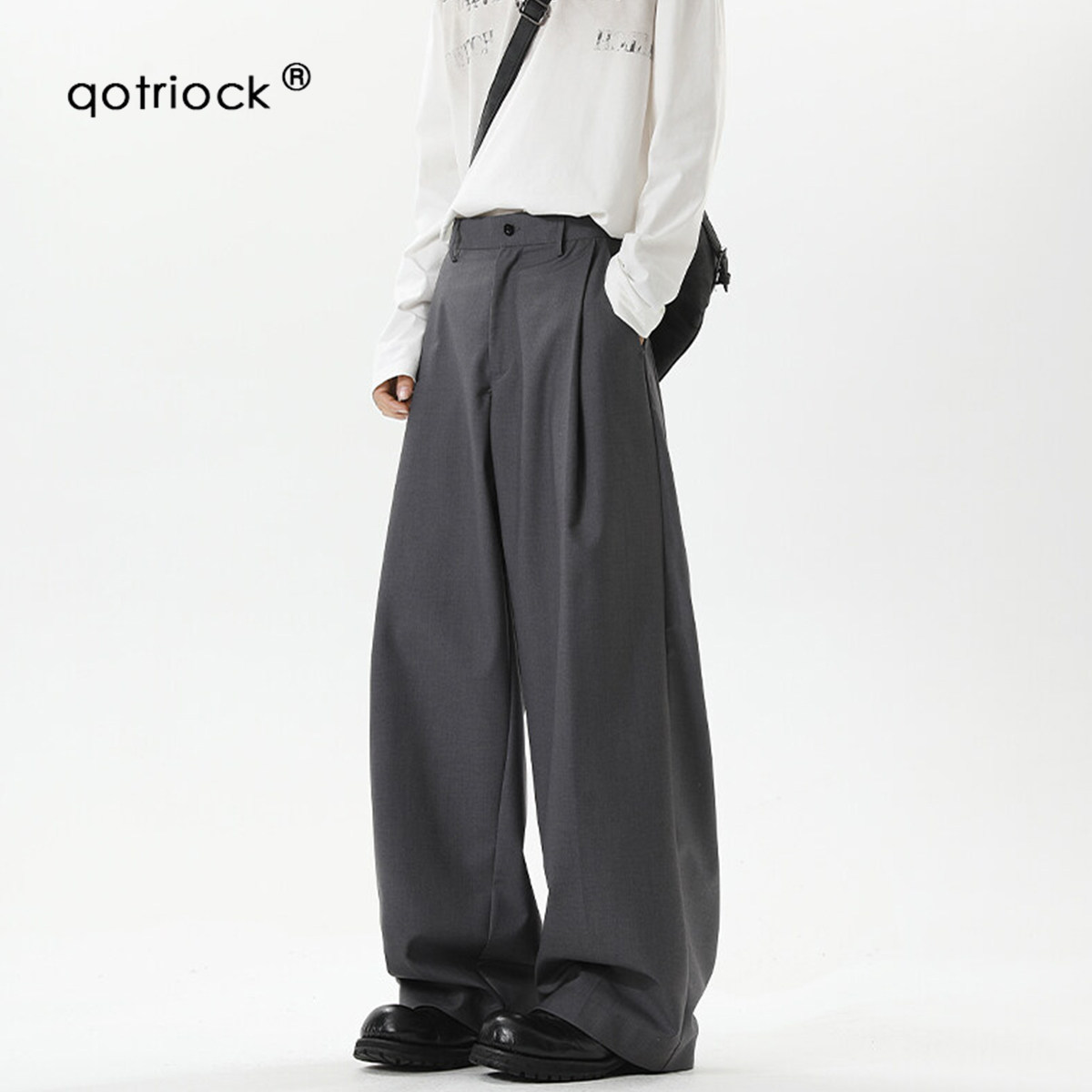 QOTRIOCK美式垂感弯刀灰色西裤男图片