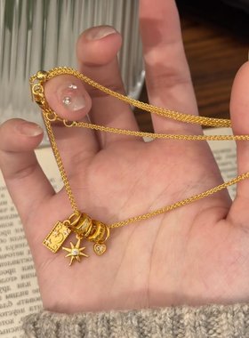 轻奢爱心方牌星芒吊坠项链女中古优雅时尚气质潮流百搭颈链毛衣链