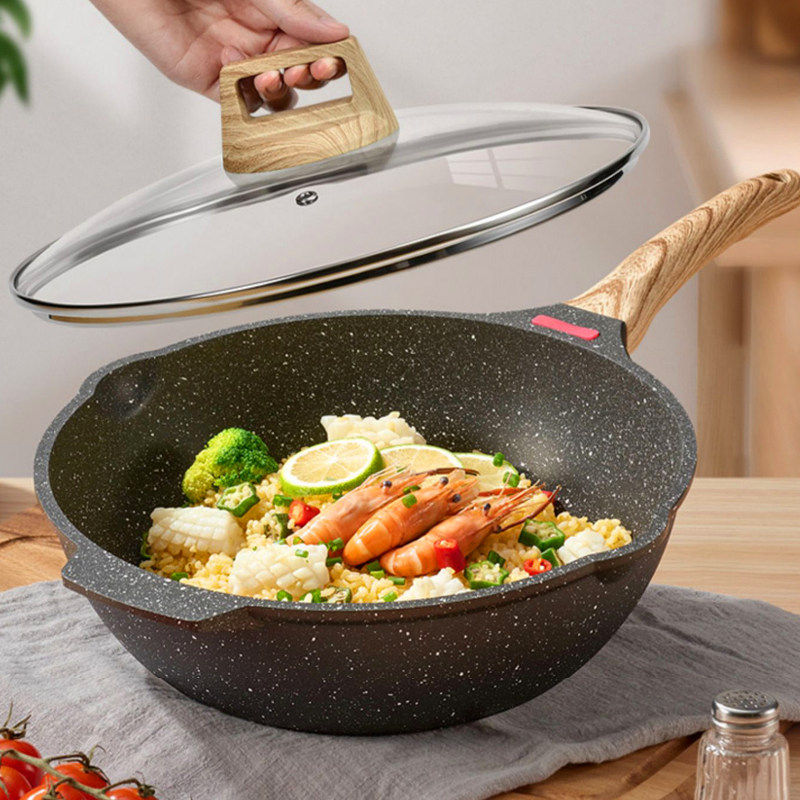 麦饭石不粘锅炒锅家用煎锅电磁炉燃气灶适用专用炒菜锅炒锅平底锅