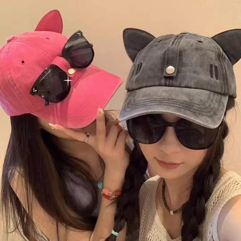 可爱猫耳朵飞行员墨镜棒球帽子女生韩版街头潮流百搭大头围鸭舌帽