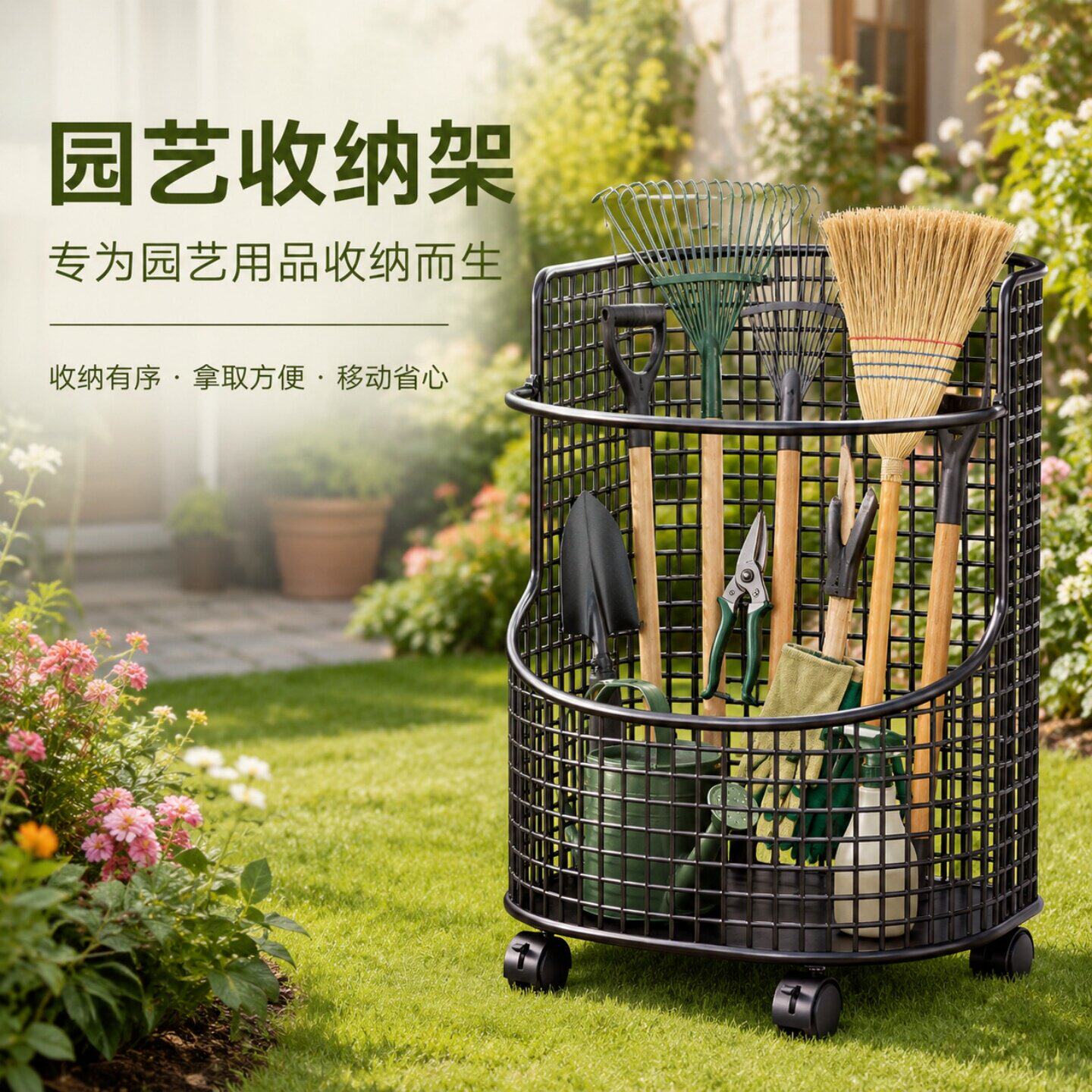 园艺工具收纳架可移动园林五金储物架铁锨铲子扫把带轮大容量置物