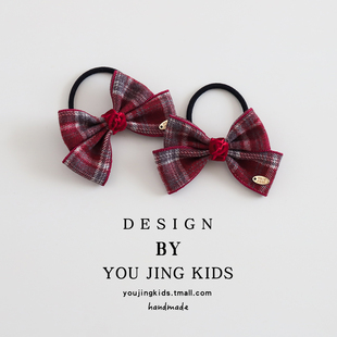 儿童女红色呢料蝴蝶结发圈女孩格纹不伤发皮筋双马尾女童头绳头绳