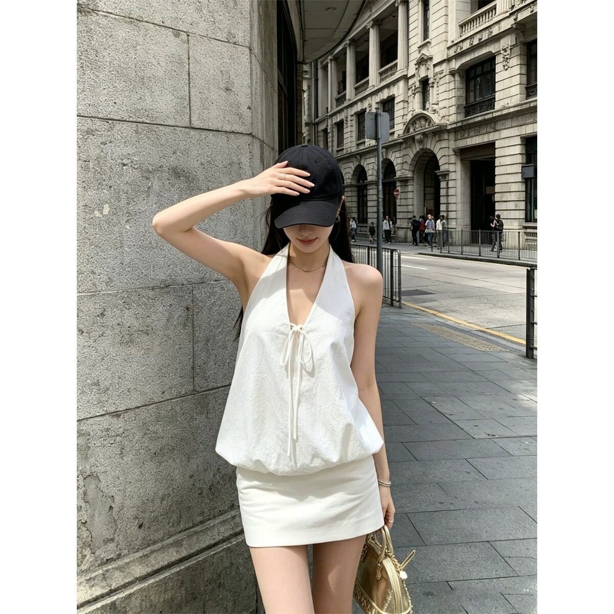 辣妹套装系带V领挂脖背心无袖上衣女夏季高腰半身裙包臀裙两件套~