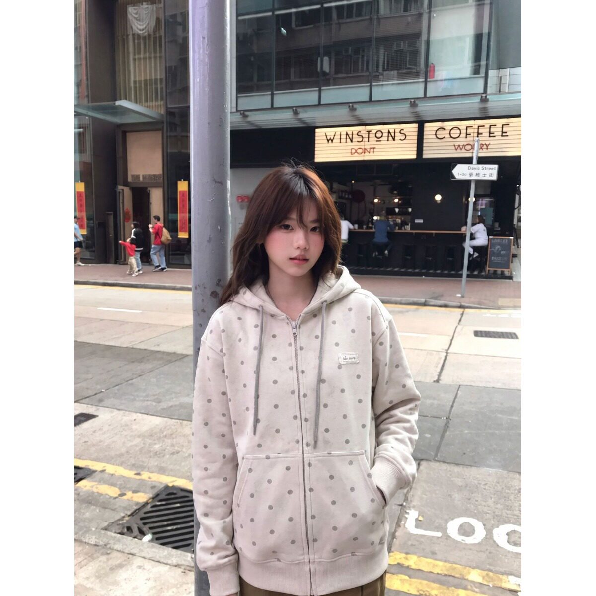 美式复古波点卫衣连帽开衫外套宽松休闲秋季新款慵懒风女灰色上衣